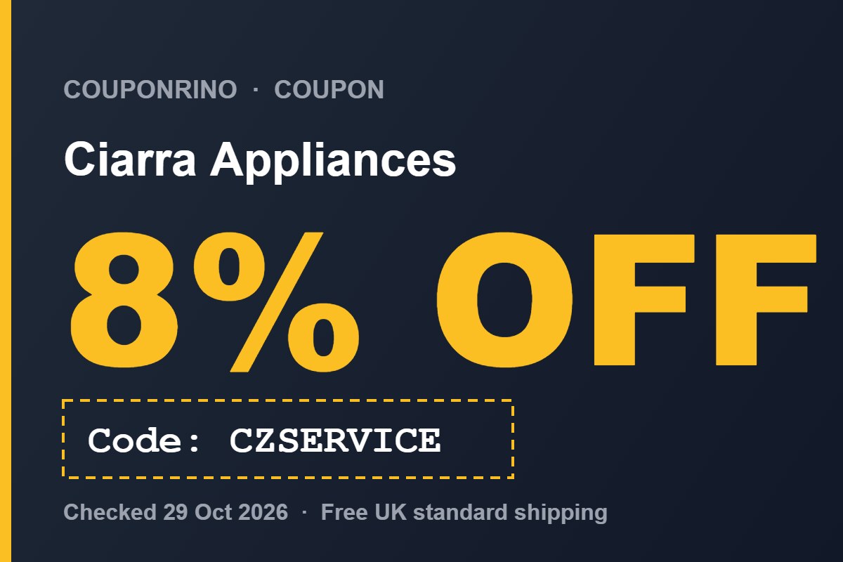 Couponrino coupon card: Ciarra Appliances 8% off with code CZSERVICE, checked 29 Oct 2026